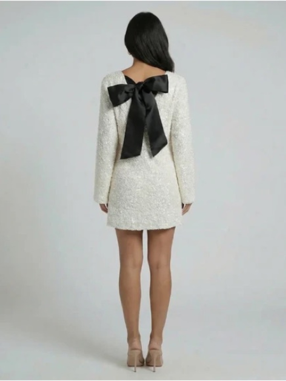 Elegant White Sequins Long-Sleeve Mini Dress Size Large - Picture 2 of 6